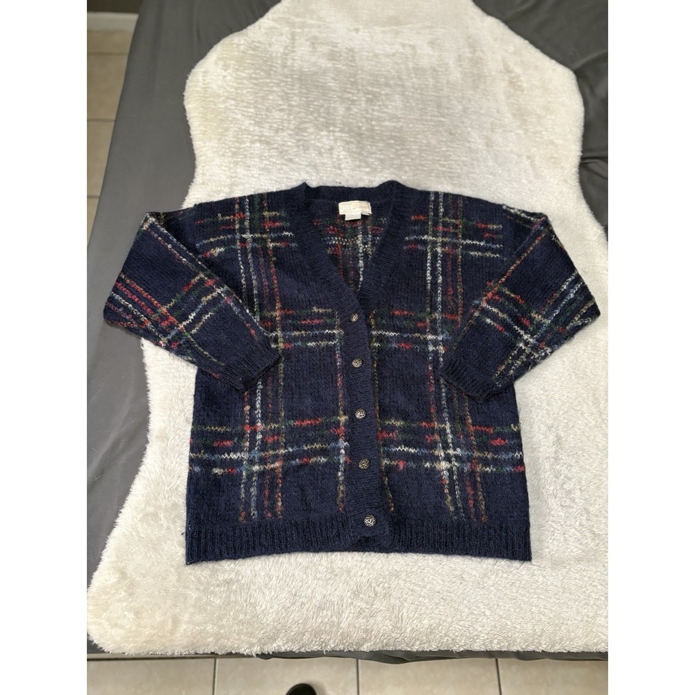ID Distinction Cardigan Sweater Womens Medium Mohair Plaid Blue Cardigan Sweater
